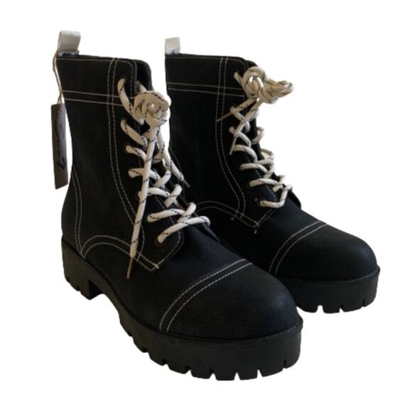 Seven7 Combat Boots Jodi Black Faux Leather Lace Up Contrast Stitching Size 10 - Picture 2 of 12